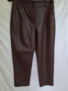 DELUC Women’s Brown Faux Leather Mid Rise Flat Front Straight Leg Pants Pockets